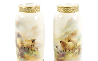 HARRY DAVIS A FINE PAIR OF ROYAL WORCESTER CABINET VASES the...