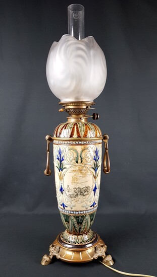 HINKS & SON'S PATENT - LAMP, stoneware enamelled shaft with...