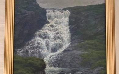 SOLD. Henrik Jespersen: Waterfall. Signed Henrik J. Oil on canvas. Visible size 68 x 48...