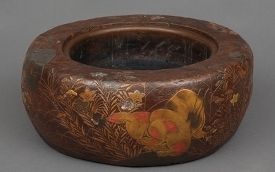 Hibachi 火鉢 (Fire bowl) - Mother of pearl, Wood - Rabbit, Moon - Extraordinary & large wooden fire bowl decorated with maki-e lacquer and mother-of-pearl inlay. - Japan - Bakumatsu Period ( 1853 - 1867)