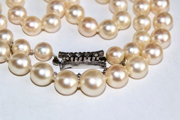 High quality - 14 kt. Akoya pearls, White gold - Necklace Pearls - Diamonds