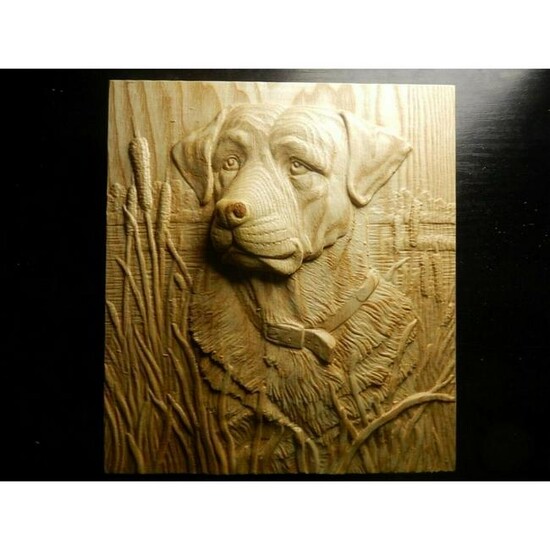 Hunting Dog & Cattails Carved Wooden Plaque