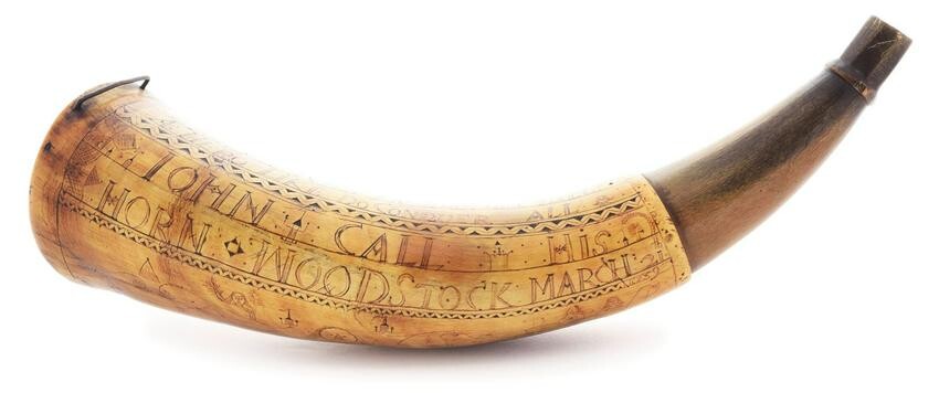 IMPORTANT AND HISTORIC ENGRAVED POWDER HORN OF JOHN