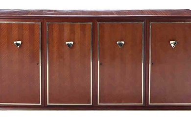 ITALIAN MAHOGANY SIDEBOARD WITH BRASS TRIM AND MIRRORED BAR COMPARTMENT...