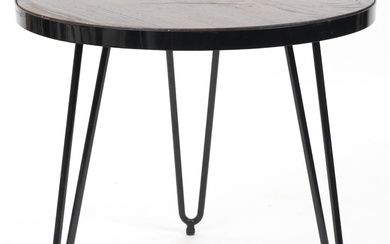 Industrial wrought iron circular side table with hardwood to...
