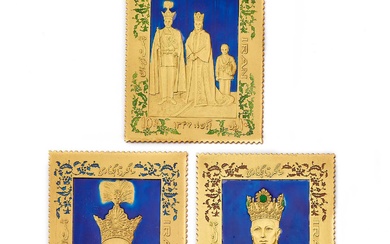 Iran Three Piece Set of Gold and Enameled Stamps for the Coronation of the Imperial Couple.