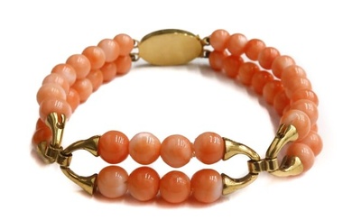 Italian 18k Yellow Gold and Pink Coral Twin Strand Bracelet