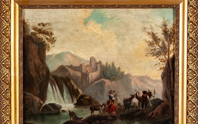 Italian School, early 19th Century. "Landscape with waterfall and shepherds"