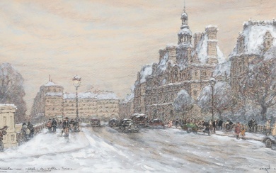 JEAN LEFORT (né en 1923). Paris, l’Hôtel de Ville, effets de neige. Fusain, aquarelle et...