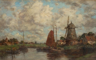 Jacob Henricus Maris, Dutch 1837-1899- Dutch canal with sailing boats by a windmill; oil on canvas, signed 'Jacob Maris.' (lower left), 46.5 x 81.2 cm. Provenance: Private Collection, UK. Note: Maris was a central member of The Hague School of...