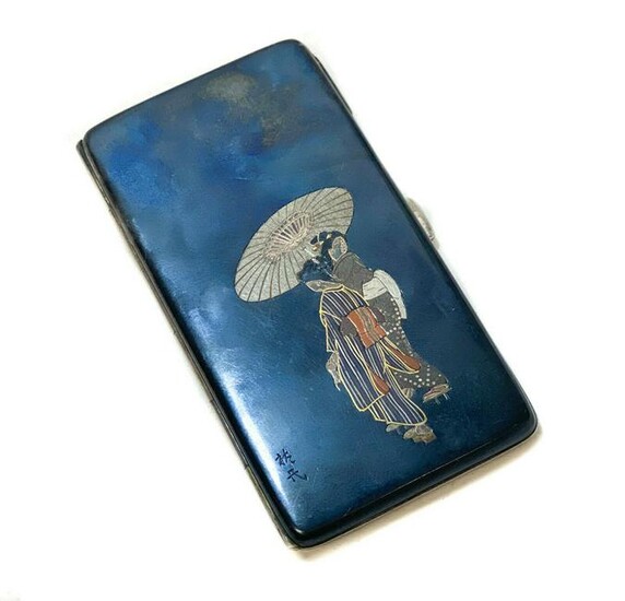 Japanese Silver Mixed Metal Inlay Cigarette Case, c1920