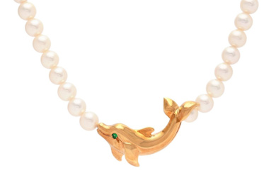 Jewellery Pearl necklace CARTIER, pearl necklace, Dolphin, 18K gold, tsavorit...
