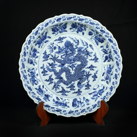 Large Chinese Blue And White Dragon Porcelain Plate