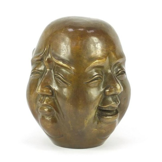 Large Chinese bronze four sided Buddha head, character