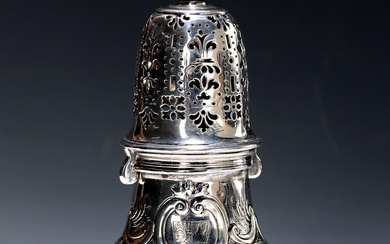 Large sugar shaker, England, 19th century, sterling silver rich relief...
