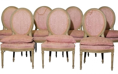 Lot composé de six chaises et d'un fauteuil de style Louis XVI en bois polychrome...