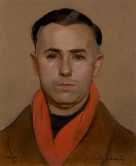 Lucien Victor Guirand de Scévola, French 1871-1950 - Portrait of a man wearing a red scarf, 1946; pastel on paper, signed and dated lower edge '1946 Guirand de Scévola', 44 x 36.5 cm (ARR)