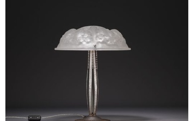 MULLER freres Luneville - Art Deco lamp, sandblasted glass dome decorated with fruit, base decorated
