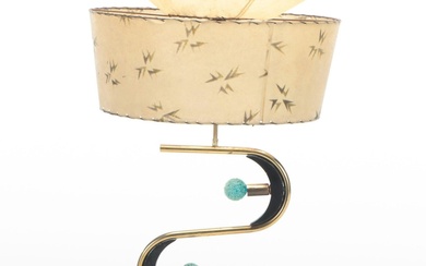 Majestic Brass and Wood S Curve Table Lamp with Tiered Shade, Mid-20th Century
