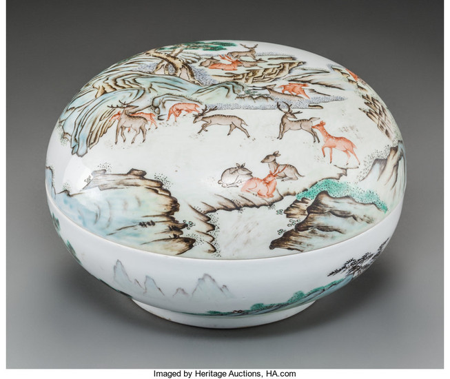 Maker unknown, A Large Chinese Enameled Porcelain Covered Box with Deer Motif (Republic Period,)