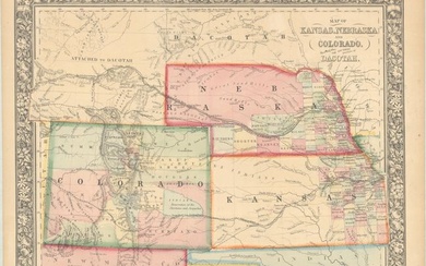 "Map of Kansas, Nebraska and Colorado. Showing Also the Southern Portion of Dacotah", Mitchell, Samuel Augustus
