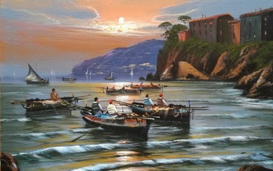 Mario Galanti (XX) - Tramonto con pescatori a Sorrento (Costiera Amalfitana)