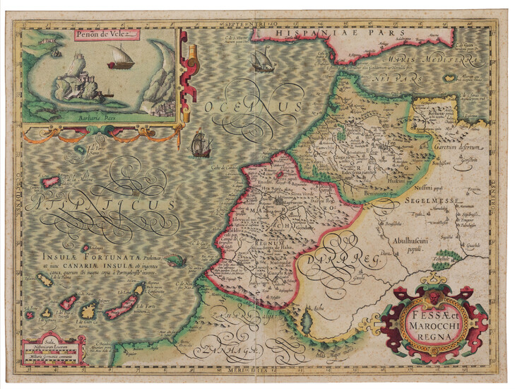 (Marokko) Een vroeg 17de-eeuwse gegraveerde en ingekleurde kaart van Marokko, getiteld 'Fessae et Marocchi regna', door