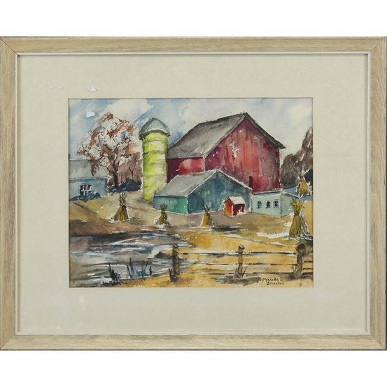 Maude Schneller Watercolor Titled An Old Fashioned Farm