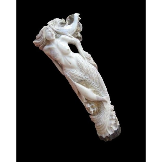 Mermaid & Dolphin Antler Carving, Walking Stick Cane