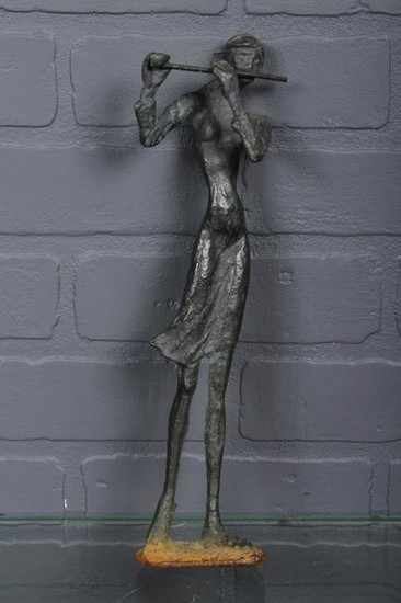 Modernist Bronze Sculpture Woman Playing the Flute