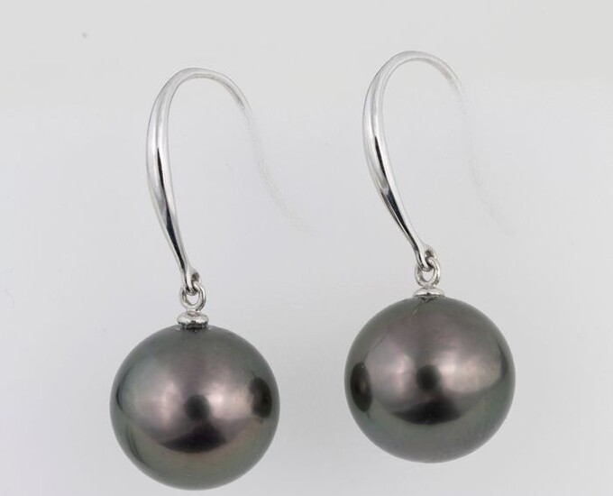 NO RESERVE PRICE - 10x11 mm Round Peacock Black Tahitian Pearls - 14 kt. White gold - Earrings
