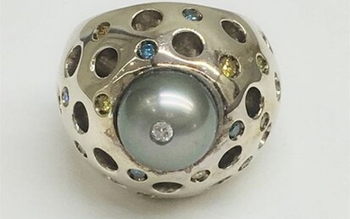 Natalie Dmitrovic - 925 Silver - Ring,"Bulle d'air"Pearl - Diamond, Sapphires