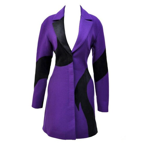 New VERSACE Purple Wool Coat With Leather