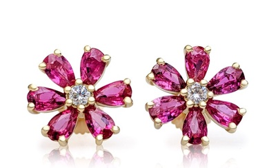 No Reserve Price - Earrings - 14 kt. Yellow gold - 2.68 tw. Ruby - Diamond
