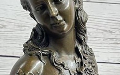 Nude Bust of a Forlorn Maiden Girl Bronze Metal Sculpture Statue on Marble Base
