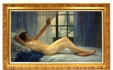 Oil on board painting entitled "Printemps" ("Springtime") by Adolphe Faugeron depicting a nude woman