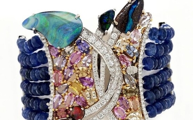 One of a kind - 142.53ctw Natural Opals, Sapphires and Diamonds - IGI Report - 14 kt. White gold, Yellow gold - Bracelet Sapphires