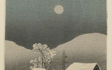 Original crepe print (chirimen-gami-e) - Ink, Crepe paper - Shin Hanga, Snowy landscape by moonlight - Takahashi Shōtei 高橋松亭 (1871-1945) - "Nihonmatsu" 二本松 - Japan - Pre-earthquake, before 1923