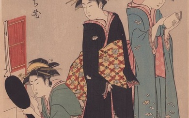Original woodblock print - Paper, Washi paper - After Torii Kiyonaga 鳥居清長 (1752-1815) - Three Geishas of Tachibana Street in Their Room - Japan - Mid 20th century