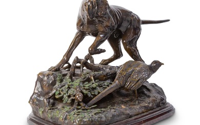Oversize Cold-Painted and Patinated Bronze Group of a Pointer Flushing a Pheasant After Jules Moigniez, late 20th/early 21st century