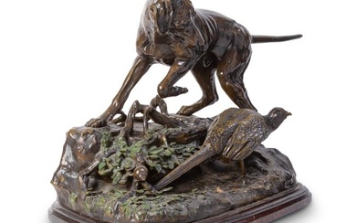 Oversize Cold-Painted and Patinated Bronze Group of a Pointer Flushing a Pheasant After Jules