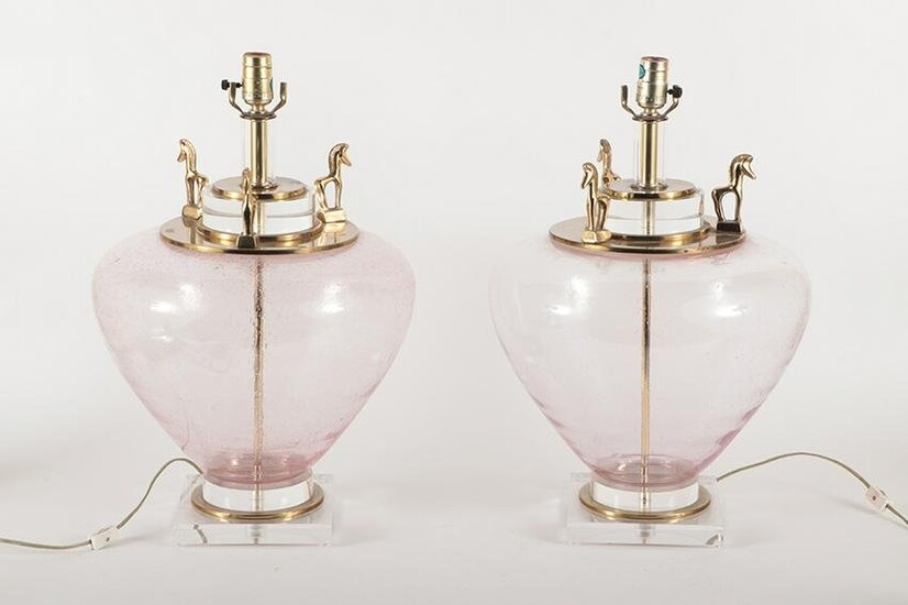 PAIR BAUER TABLE LAMPS PINK GLASS BRASS LUCITE