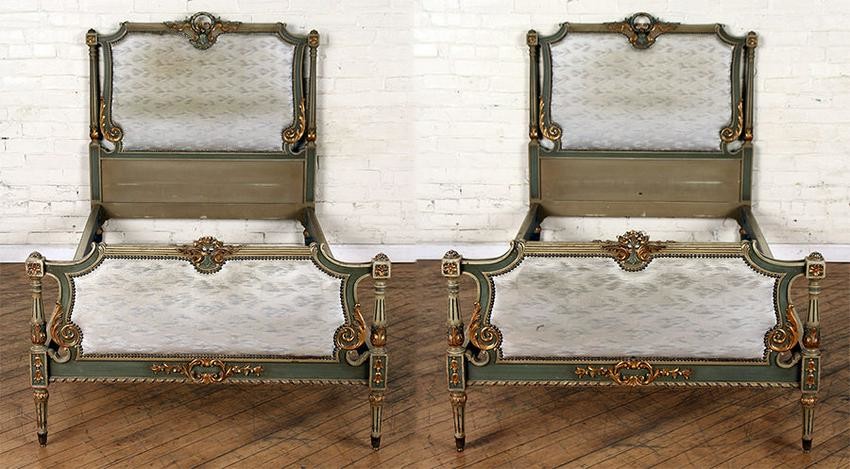 PAIR CARVED PAINTED GILT TWIN BEDS CIRCA 1940
