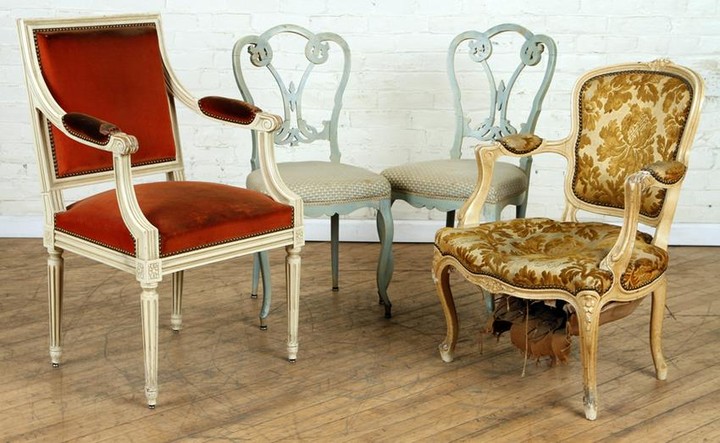 PAIR FRENCH SIDE CHAIRS & TWO ARM CHAIRS