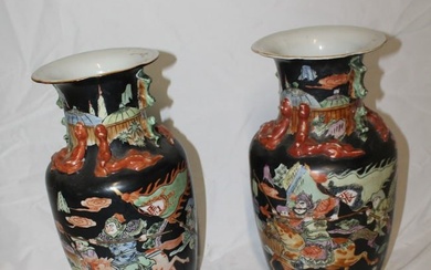 PAIR OF CHINESE FAMILLE NOIRE PORCELAIN VASES 14" X 8"
