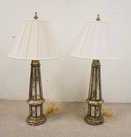 PAIR OF MIRRORED & PAINTED LAMPS