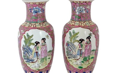 PAIR VINTAGE MATCHING CHINESE FAMILLE ROSE VASES