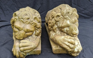 Pair Cement Lazy Lions Sculpture Statuary