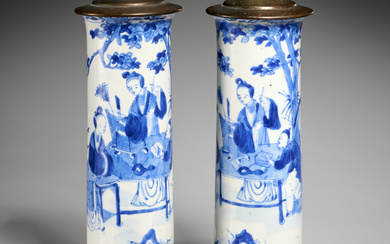 Pair Chinese blue & white cylindrical vase lamps