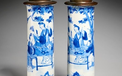 Pair Chinese blue & white cylindrical vase lamps